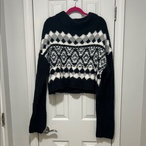 Free People Black and White Fair Isle Cropped Sweater